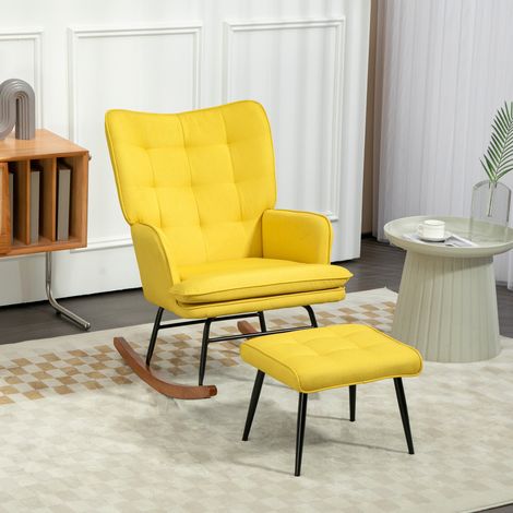 Mecedora con reposapiés, diseño escandinavo, madera de haya, acolchada, 64 cm x 89 cm x 90 cm, amarilla