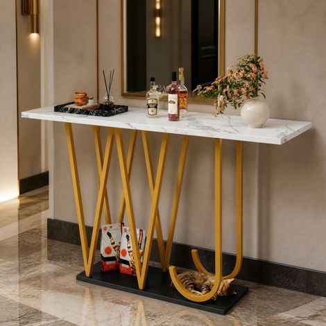 Tavolo consolle 120 x 29,5 x 80 cm, MDF e metallo, effetto marmo bianco, OKWISH (1/5)