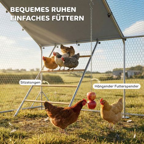 Poulailler avec enclos extérieur pour poules, bâche résistante aux UV, grillage en acier, distributeur de nourriture, capacité 12-18 poulets (1/5)