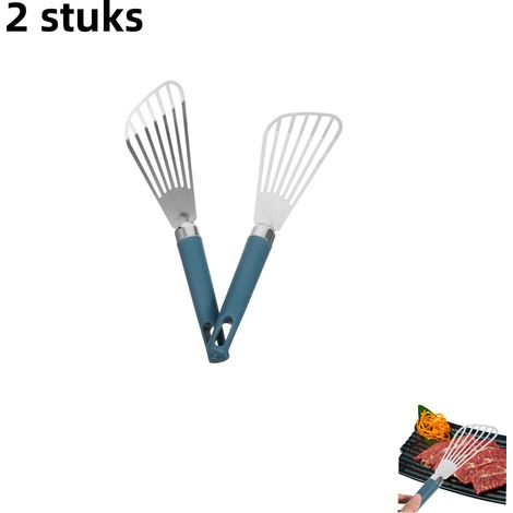 2 spatules à steak en acier inoxydable, spatule de friture à poisson, antidérapante et anti-brûlure, spatule grill avec filtre à huile, spatule inclinée pour usage quotidien, bleu (1/5)