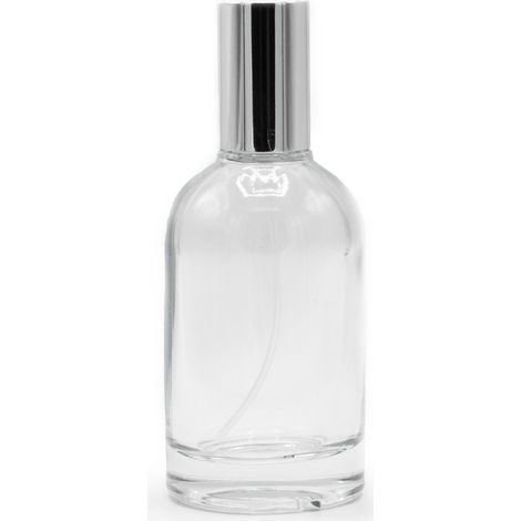 Botella redonda y gruesa de 50 ml, spray plateado y tapa