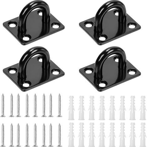 Assortment Kit of 4 Black Square Hooks 304 Stainless Steel M8 with Screws and Plastic Anchors, Marine Hardware Hooks, Ceiling U Hook, Ring Hook to Fix for (1/5)