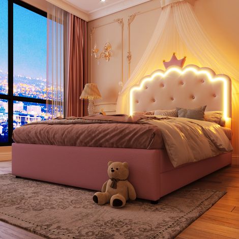 DESMIU Lit enfant 140 × 200 cm avec LED réglable, 2 tiroirs et lit gigogne, sans matelas, rose (1/5)