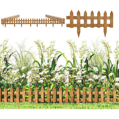 Outsunny Pack of 12 Wooden Border Fences, Garden Fixed Picket Fence for Lawn Edging, Flowerbed, 60L x 1D x 34H cm, Brown