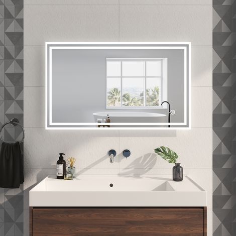 EMKE Miroir lumineux de salle de bain 100x60cm, Miroir de salle de bain avec Interrupteur Tactile, Anti-buée, Dimmable, Miroir LED avec Lumière Blanche Froide (1/5)