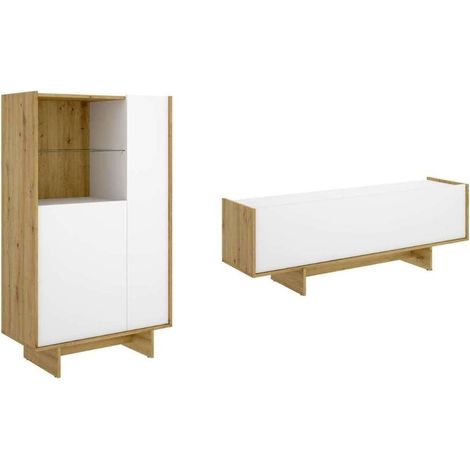 Conjunto de salón, mueble tv + modulo alto modelo-Noelia acabado en acabado nordic-blanco.