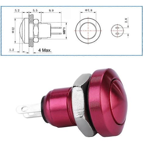 1A 24V 8mm Mini Wasserdichter Kfz-Momentan-Drucktaster, Zink-Aluminium-Legierung, Rot