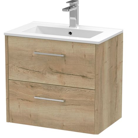 Winshill Contemporary 2 Drawer Wall Hung Vanity Unit with Minimalist Basin, Light Oak, 600mm