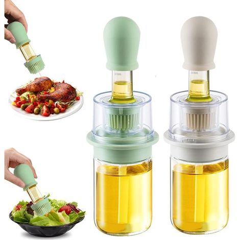 Distributeur d'huile avec brosse 2 en 1 180 ml Distributeur d'huile d'olive et bouteille de vinaigre avec pinceau à pâtisserie en silicone pour cuisine barbecue salade cuisson au four (Blanc+V (1/5)