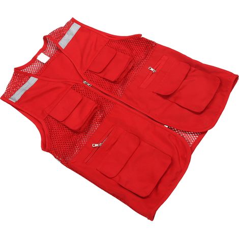 Gilet de sécurité multipoches avec bande réfléchissante imprimable, confortable et haute visibilité, rouge, taille XXL, idéal pour la publicité et les journalistes. (1/5)