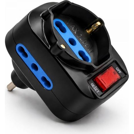 Adattatore Rotante Spina 10A con 2 Prese 2P+T e Presa Bipasso Schuko Protezione Sovraccarico 1500W 1080N