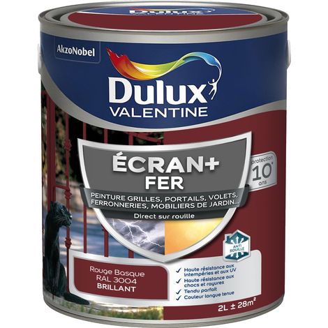 ECRAN+ FER BRILLANT - Peinture pour fer intérieur/extérieur - Grilles, portails, volets, ferroneries, mobiliers de jardin - Rouge Basque 2 L - Dulux Valentine