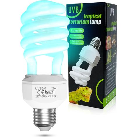 UVB E27 26W 5.0 AC220-240V Lampe Reptile UVB UVA Ampoule Fluorescente Lampe Tortue pour Aquarium, Récipient en Verre, Nourrisseur, Tortue, Serpent, Lézard, Etc (1Pcs) (1/5)