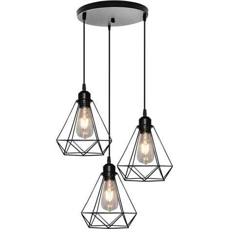 Lampes À Suspension Industrielles Suspension Luminaire Antiques À 3 Lumières E27 Lustre Rétro En Métal Et Fer Plafonnier Vintage En Diamant Noir 20CM (1/4)