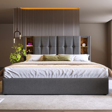 Lit coffre, cadre de lit rembourré 180x200 cm, avec recharge sans fil et port USB, en coton, lit 2 personnes (sans matelas), Gris (1/5)