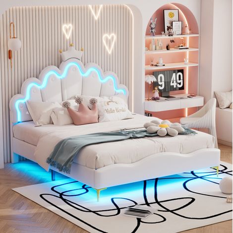 MEUBLIV Lit 140x200 cm blanc – LED et tête de lit couronne, sans matelas (1/5)