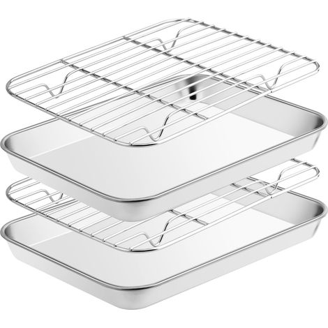 Plaque de cuisson avec grille de refroidissement [2 plaques + 2 grilles], acier inoxydable, non toxique, durable et facile à nettoyer, compatible lave-vaisselle (23,5 x 17,5 x 2,5 cm) (1/5)