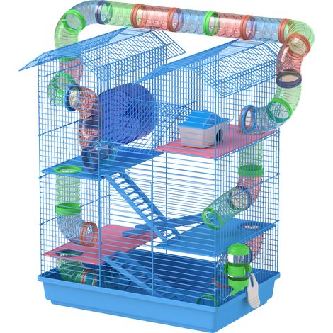 Cage rongeur avec tunnel mangeoire roue jouet 47 x 30 x 59 cm bleu