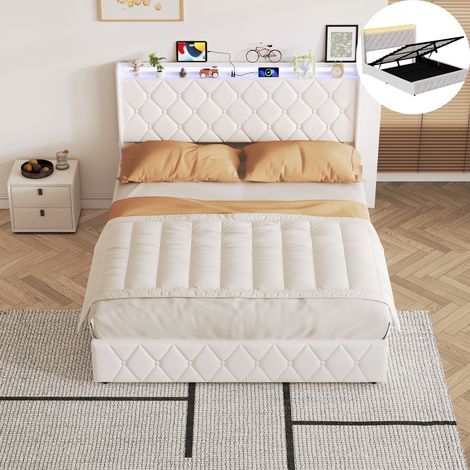 Lit Coffre 160x200 cm Velours Beige - LED réglable - Chargement USB - Grand lit 2 places avec rangement - Chambre Adulte (1/5)