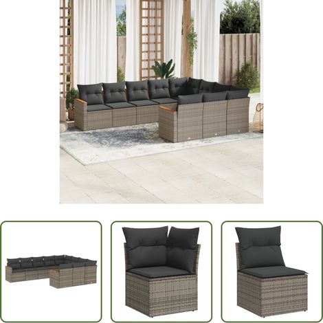 Rattanmöbel -  10-tlg. Garten-Sofagarnitur mit Kissen Grau Poly Rattan (1/5)