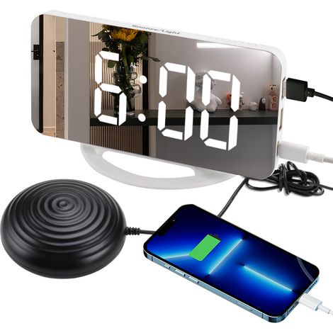 Réveil numérique bruyant pour les sourds, horloge LED numérique en forme de miroir, réveil simple avec port USB, double alarme, volume et luminosité (1/5)