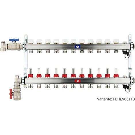 Fußbodenheizungsverteiler aus Edelstahl mit Topmeter für 11 Heizkreise - mit Anschlussset senkrecht (1/3)