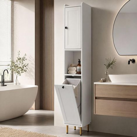 Badezimmerschrank mit Wäschekorb, 181cm Schmaler Badschrank Hoch, Badezimmer Hochschrank, Freistehender Wäscheschrank mit herausnehmbarem, Wäschesack aus Stoff & Kippschutz, 30 x 30 x 181cm, Weiß (1/5)