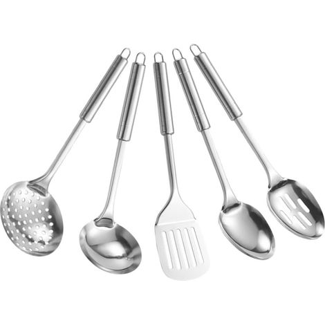 5stücke Teiliges Edelstahl Kochbesteck mit Kochlöffel Sieb Spatel und Schöpflöffel Rostfrei mit Aufhängeloch Sicher und Langlebig für Küche Restaurant und Camping (1/5)