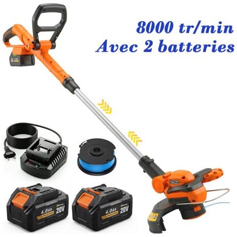 Débroussailleuse 2en1 Sans Fil 18V – 2 Batteries 4Ah, 8000 RPM, Largeur 25cm, Tige Télescopique, Tête Inclinable, 3kg