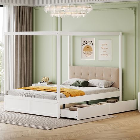 Himmelbett 140x200 cm Zeltbett mit Stauraum und 2 Schubladen, Holzbett Weiß mit gepolsterter Rückenlehne für Kinder und Jugendliche (1/5)