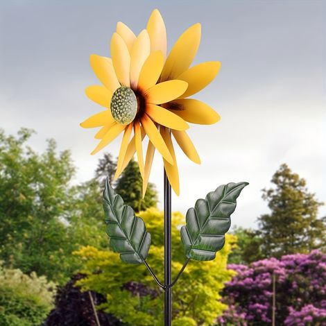 Moulin à vent tournesol en métal 95 cm, piquet de jardin rotatif et décoration extérieure pour pelouse et terrasse (1/5)
