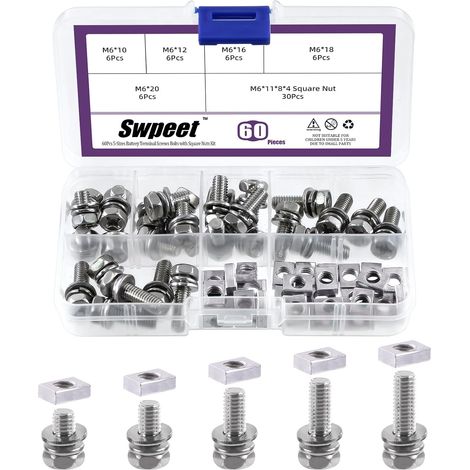 60pcs set 304 en acier inoxydable M6 x 10/12 / 16/18 / 20mm crosshead batterie terminal boulons et écrous avec kit de combinaison d'écrous carrés, batterie boulons (1/5)