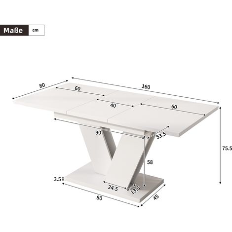 Table extensible 120/160x80cm, plateau épais, piètement V, design simple, blanc, mécanisme d'extension fluide et plateau lumineux (1/5)