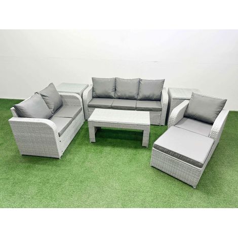 Fimous Patio PE Wicker 7 Seater Outdoor Rattan Furniture Sofa Sets with Oblong Coffee Table Reclining Chair Loveseat Sofa 3 Seater Sofa Big Footstool 2 Side Table Light Grey (1/4)