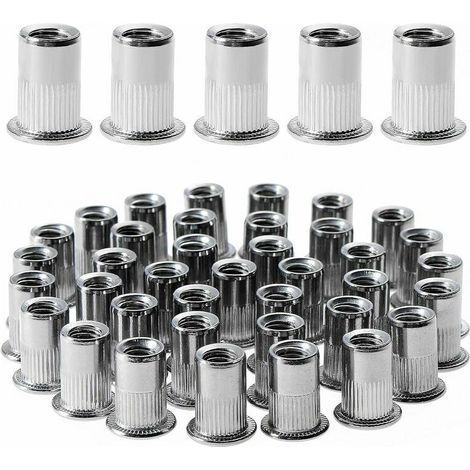 100 pièces M6 écrou à rivet fileté à tête plate, écrous à riveter fileter en acier inoxydable, assortiment inserts filetés pour mental plastique (12 mm  15 mm) (1/4)