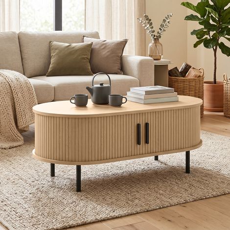 Table basse ovale en bois massif, meuble de salon contemporain avec tiroirs coulissants et espace de stockage discret, 100x55x40 cm, finition naturelle (1/5)
