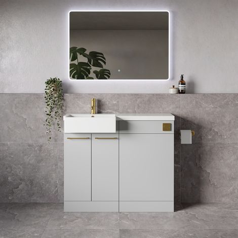 Napoli 250 Gloss Grey Pearl 1000mm 2 Door Vanity Unit Toilet Suite with Left Hand Square Rico Semi Recessed Basin - 1000mm - Brushed Brass 160mm HandleWithout Kingston Toilet Pan