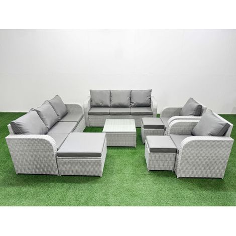Fimous PE Rattan High Back Lounge Sofa Set Patio Square Coffee Table & Chairs Set with 3 Seater Sofa Reclining Chair 3 Stools Light Grey (1/4)