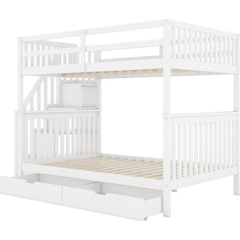 Lit superposé 140200cm, étagère d'escalier, équipé de deux tiroirs, garde-corps hauts, certifié EN747-1, blanc