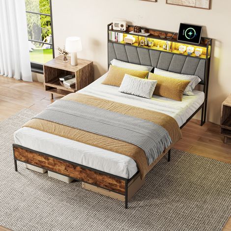 Lit double 160x200 cm adulte style rustique industriel, tête de lit rembourrée avec LED USB et rangement, structure métallique robuste, Marron et Noir (1/5)