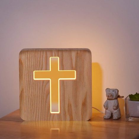 Lampe de tête de lit en bois en forme de croix, veilleuse stéréo LED Jésus, décoration de chambre personnalisée (1/5)