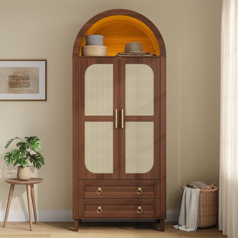 Armadio camera da letto 76x50x184 cm - Guardaroba con appendiabiti led app nicchia ad arco ante effetto rattan e 2 cassetti stile vintage - Noce (1/5)