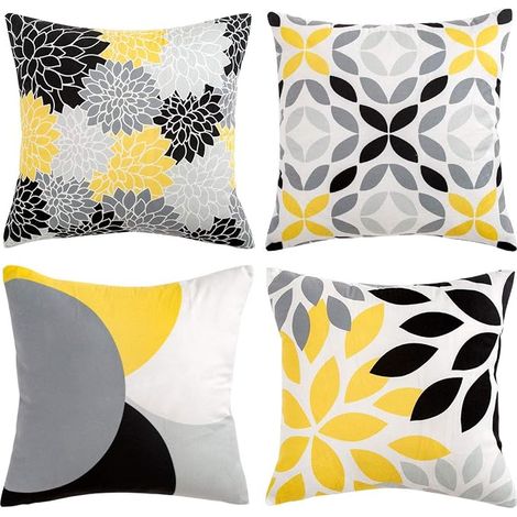 Housse de Coussin Souple, 45x45 cm, Motifs Jaune, Gris, Noir, 4 pièces, Décoration Canapé, Salon, Chambre, Voiture (1/5)