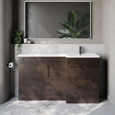 Napoli 390 Brown Oak 1500mm 3 Door Vanity Unit Toilet Suite with Right Hand Square Lucia Basin - 1500mm - Matt Black 160mm HandleWithout Kingston Toilet Pan