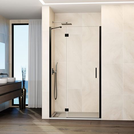 Paroi de douche frontale GLASS panneau fixe + porte pivotante avec profilé de fermeture 125 cm profilé titane bras de maintien réglable (50+70) (1/5)