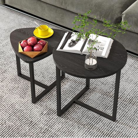 Tavolino rotondo set 2 in truciolare e metallo, nero, 45/42 cm, design industrial (1/5)