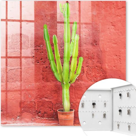 Armoire à clés - (30 cm x 30 cm) - Boîte à clés murale - Coffret de rangement pour clés - Couleur blanche - Ouverture vers la droite - Pour maison et bureau - cactus vert (1/5)