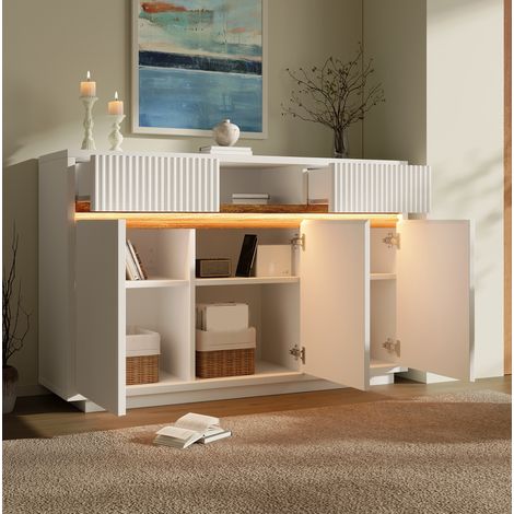 Aparador 140x40x85 cm blanco en madera con LED, 2 cajones, 3 puertas y estantes ajustables
