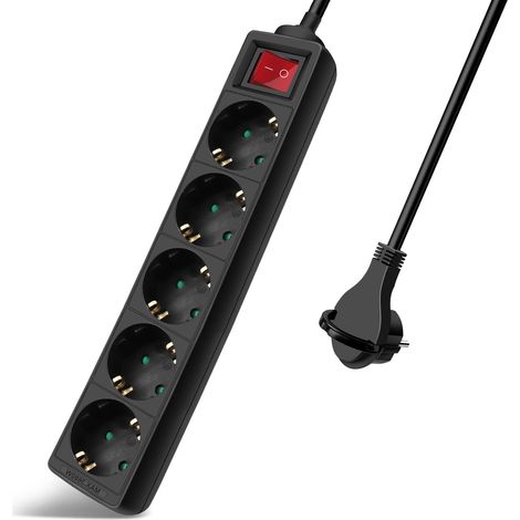 Multiprise avec 5 prises et interrupteur, câble 1,5 m fiche plate pour la maison, le bureau et les voyages, 16 A, 250 V, 3680 W, noir (1/5)