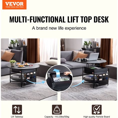 Table Basse avec Plateau Relevable, Table de Salon Ronde de 90 cm, Hauteur Réglable, avec Poches de Rangement Supplémentaires, Meub… (1/5)